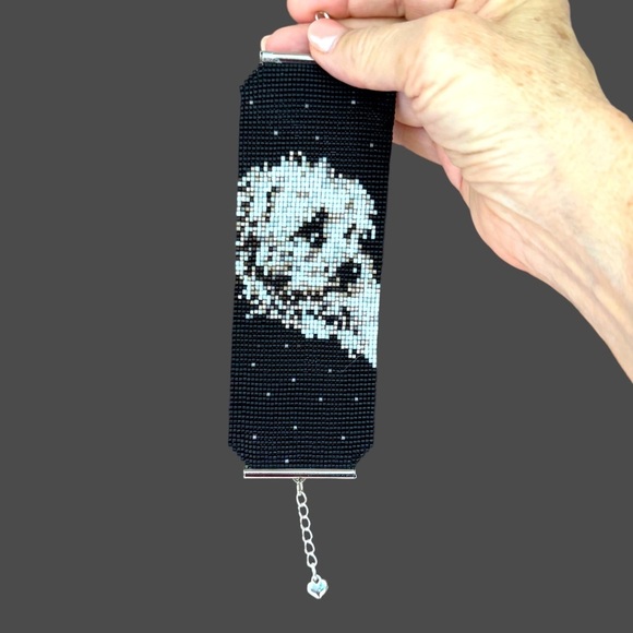 Hand Crafted Jewelry - Handwoven artisan loom beaded Maltese dog wide soft cuff bracelet adjustable